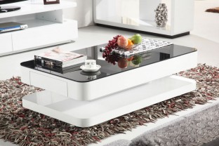 Courbe 1m White Gloss Coffee Table With Black Glass & Drawers